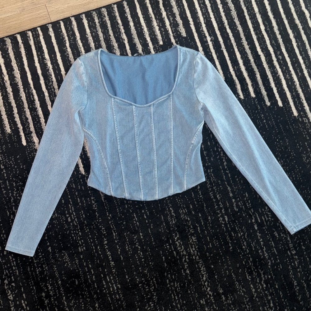 Express Light Blue Long Sleeve Corset Crop Top